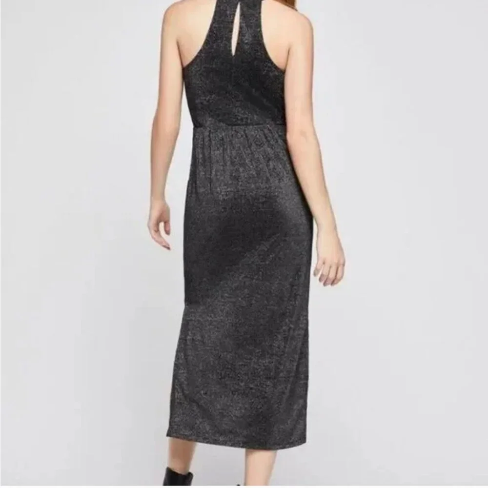 BCBG GENERATION METALLIC BLACK SURPLICE MIDI POCKET DRESS - Picture 3 of 13